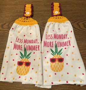 2 doppelseitige gehäkelte Top Mehl Sack weniger Montag mehr Sommer Geschirr hängende Handtücher - Bild 1 von 5