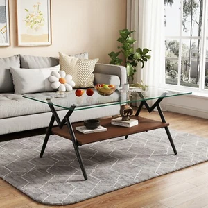 Modern Tempered Glass Coffee Table 2Layer Rectangle Tables Shelf for Living Room - Picture 1 of 8