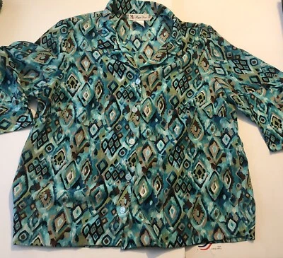 Top Maggie Sweet Turquesa Mujer’s L Tribal Geométrico Manga 3/4 Botón 61424V2D Foto 1 de 4