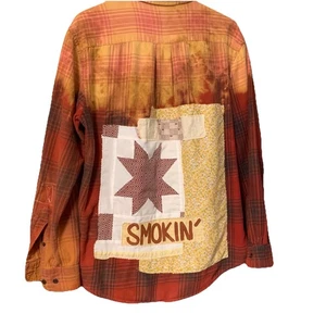Upcycled Flannel Shirt Shacket L Folk Art Festival Patchwork Artsy Boho Cigars - Picture 1 of 12