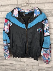 vintage 1980s le coq sportif women’s track jacket size S black with floral print - Picture 1 of 9