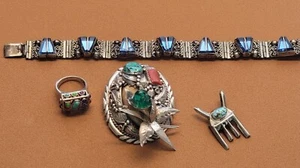 STERLING SILVER TURQUOISE CORAL BOLO, BRACELET, RING BROOCH ECT. LOT VTG - Picture 1 of 11
