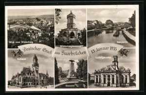 Postal Saarbrücken, Ludwigskirche, valle de honor y monumento a Winterberg 1935, propaganda - Imagen 1 de 2