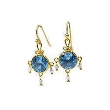 Turkish Sterling Silver 925 k Blue Topaz & Pearl Dangle Earrings 24k Gold Plated