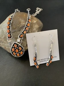 Red Spiny Oyster Cluster Pendant Navajo Sterling Silver Necklace & Earrings 2111 - Picture 1 of 12