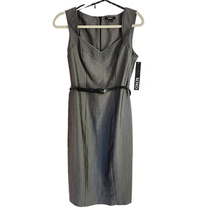 XOXO Ladie's Women's 7/8 Gray Dress with Black Pinstripes, Belted, Mid-Length - Picture 1 of 10