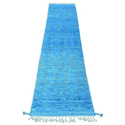 2'5"x10'3" Blue Hand Knotted Geometric Moroccan Weave All Wool Runner Rug R20620 - Image 1 of 4