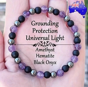 Amethyst Hematite Black Onyx Grounding Protection 6mm Bead Bracelet + Gift Pouch - Picture 1 of 9