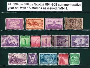 U.S. 1940, 1941, 1942, & 1943 Commemorative Year Set # 894 - 908 15 MNH - Picture 1 of 1