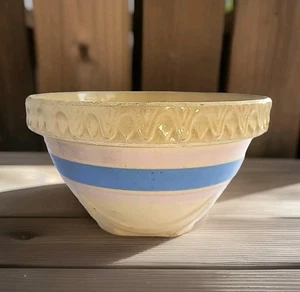 McCoy Yellow Ware Pink Blue Striped Pie Crust Rim 7.5" Mixing Bowl - Picture 1 of 11