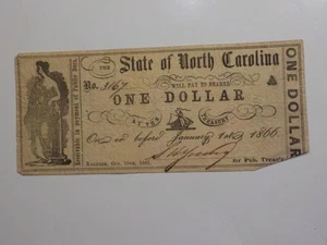 Civil War Confederate 1861 1 Dollar Bill Raleigh North Carolina Paper Money VTG - Picture 1 of 2
