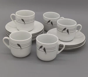 IPA Porcelain Five Espresso Demitasse Cups And Saucers Raven Crow Black White - Picture 1 of 9