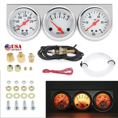 2" 52mm Car Oil Pressure Voltage Triple Gauge Kit Set Chrome Panel Mechanical - Image 1 of 4