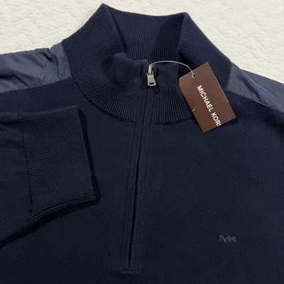 Michael Kors Men XL Navy Blue Quarter Zip Sweater Knit Top With Nylon Shoulders - Image 1 of 4