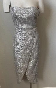 Women’s Monique Lhuillier 4 Dress Champagne Gold Sequin Gown Tulip Strapless - Picture 1 of 17