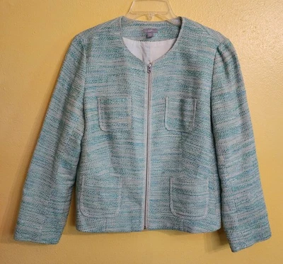 Chaqueta Blazer J. Jill Cremallera Tweed Verde Azul Mezcla Algodón Bolsillos Elastizados Med Foto 1 de 4