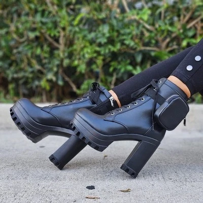 Women's Black Block Heel Lace Up Botties - Image 1 of 4