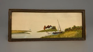 Antica piccola opera d'arte barca a vela mare acquerello originale 6x15" con cornice - Foto 1 di 8