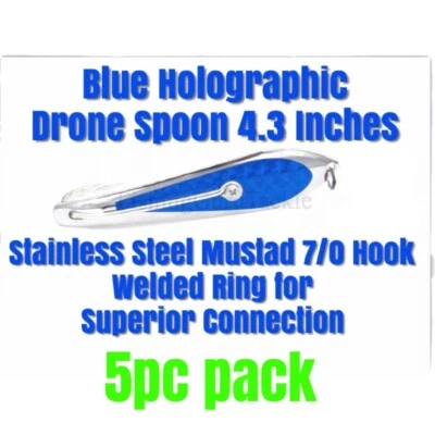 Blue Holographic Drone Trolling Spoon 11cm 4.3 Inches - Mustad Hook  5 pc pack - Image 1 of 4