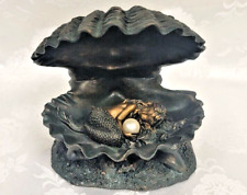 Mermaid Sleeping in Shell with Pearl Sculpture. Hand Painted Bronze Finish
