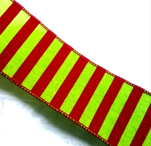 Red Lime Horizontal Stripe 2.5" by 2 yd Wired Ribbon Christmas Elf Grinch - Picture 1 of 4