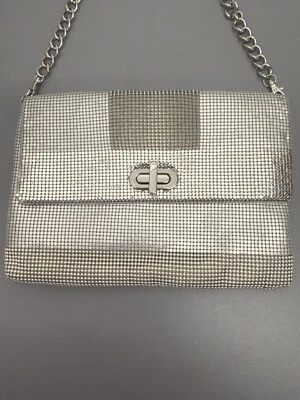 Whiting & Davis 复古 70 年代 80 年代迪斯科网眼亮片银色手拿包肩 #39 — 第 1/4 张图片