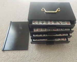 RARE VTG Mah Jong Deluxe 5 Drawer Wood Box Set Brass Handle Mahjong 156 Tiles - Picture 1 of 19