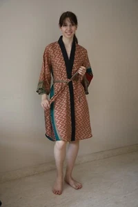 Bata kimono midi de seda pura hasta la rodilla vestido kimono de seda beige PS MKMO2095 - Imagen 1 de 13