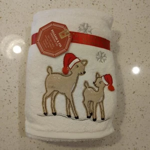 2 Bath Hand Towels Christmas Holiday Embroidered Deer with Santa Hats Snowflakes - Picture 1 of 9