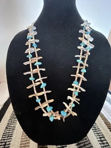 Vtg. Zuni Double  Strand Turquoise, Howlite Sliced Shell, Heishe Necklace 30”L. - Picture 1 of 12