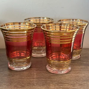 Vintage Set of 4 Cordial Liqueur Glasses 3 1/8 Cranberry Pink Flashed, Gold Gilt - Picture 1 of 10