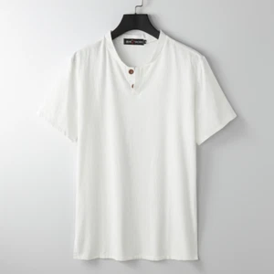 Men's Stand-up Collar Short Sleeve Cotton Hemp Summer T-shirt Loose Linen V-neck - Picture 1 of 10