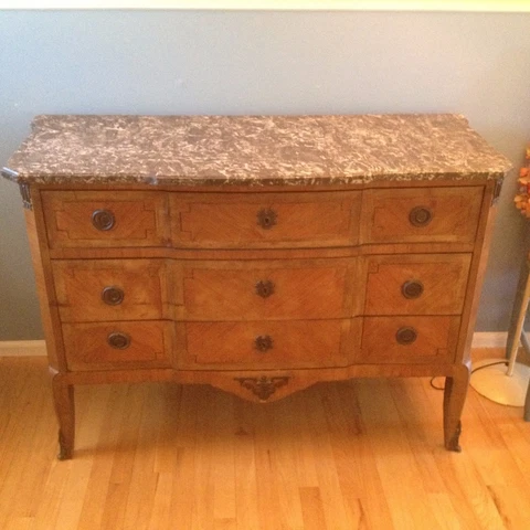 Antique Chest of Drawers with Black Marble top & Marquetry Cover