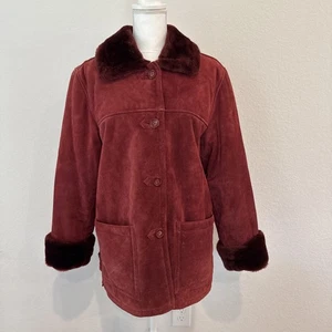 Dennis Basso Y2K Vintage Red Suede Leather Coat Faux Fur Penny Lane Small - Picture 1 of 21