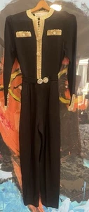 VTG Lillie Rubin Black Knit Pantsuit Jumpsuit Rhinestone Button Gold Trim Size 4 - Picture 1 of 16