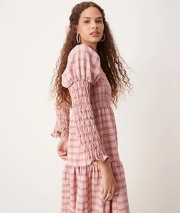 NWT Sister Jane Pink Plaid Smocked Tiered Long Sleeve L Dress Sz Small - Picture 1 of 7
