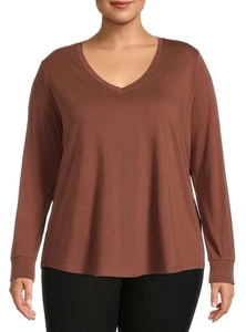 EUC Terra & Sky BROWN Women's Plus Size 4X Base Layer Long Sleeved V-Neck Tee - Picture 1 of 8