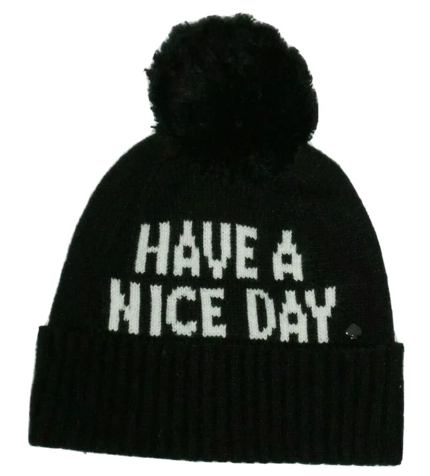Kate Spade Have a Day Beanie Wool Blend Black White One Size Pom Hat