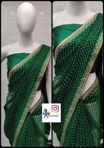 Indian Women Mothda Print Saree With Blouse Cording Sequence Lace Border