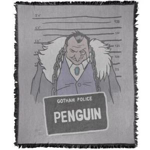 Batman Blanket, 50"x60" The Penguin Mugshot Woven Cotton Blend Throw Blanket - Picture 1 of 6