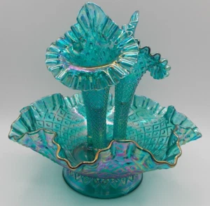 Fenton Teal/Blue Carnival Diamond Lace 3 Horn Epergne ~ SPECTACULAR! ~ PERFECT! - Picture 1 of 7
