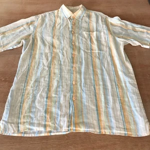 Bugatchi Uomo 100% Linen Shirt Men L Blue Striped Button Up Pocket Short Sleeve - Picture 1 of 11