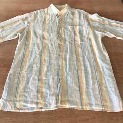 Bugatchi Uomo 100% Linen Shirt Men L Blue Striped Button Up Pocket Short Sleeve - Image 1 of 4