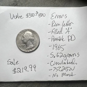 1965 Coin Washington Quarter No Mint Mark Letter Error On Rim Filled A - Picture 1 of 12