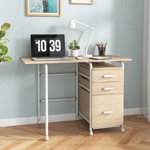 Folding Computer Laptop Desk Wheeled Home Office Furniture W/ 3 Drawers - Picture 1 of 8