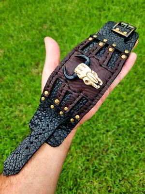 Подлинный Buffalo бизон кожи кости череп широкий родео манжеты альфа мужчин браслет - Изображение 1 из 4