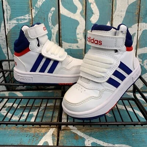 NEW Adidas Boys GZ9650 Hoops Mid 3.0 White/Blue Hook & Loop Shoes Size 6K - Picture 1 of 10