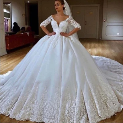 Vintage Off-Shoulder Lace Tulle Wedding Dresses Sequins Bridal Gown Half Sleeves - Image 1 of 4