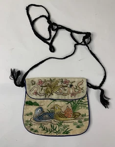 Vintage Crossbody Mini Bag Pouch Purse Metallic Thread Ducks Republic of China - Picture 1 of 9