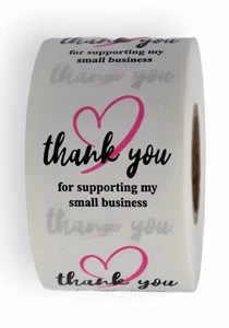Thank You Supporting Small Business Stickers 1.5" White w/ Pink Heart 500 Labels - Picture 1 of 4